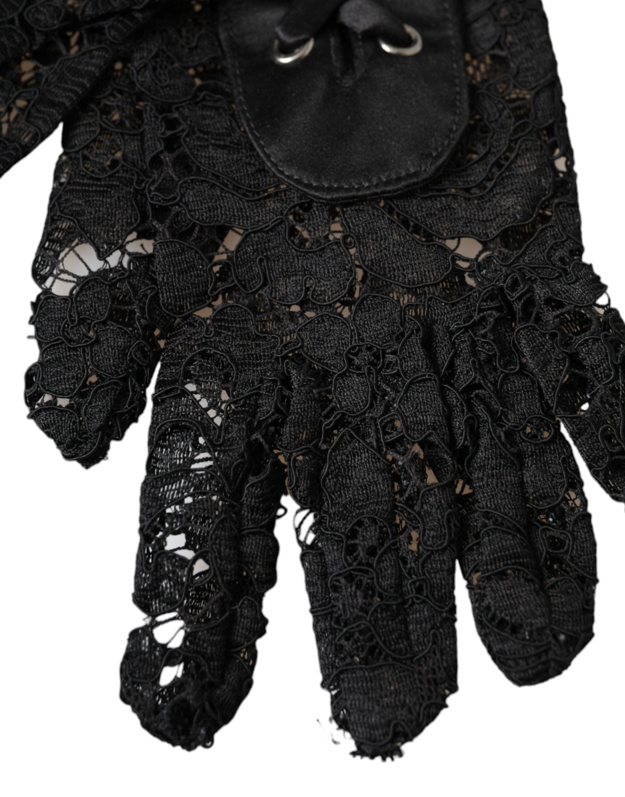 Black Taormina lace elbow-length gloves by Dolce & Gabbana, featuring intricate lace design and elegant fit.