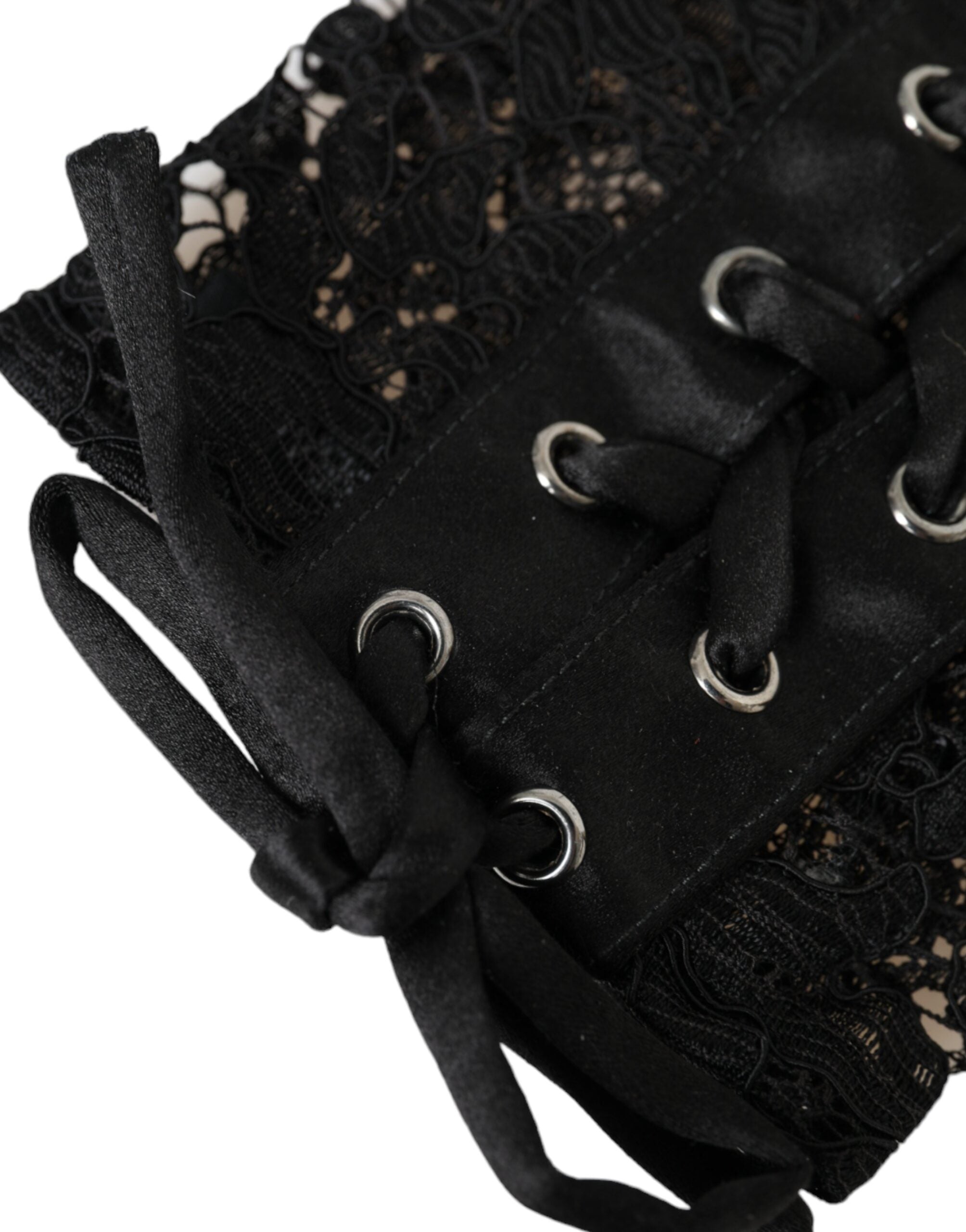 Black Taormina lace elbow length gloves by Dolce & Gabbana, featuring intricate lace fabric and elegant design.