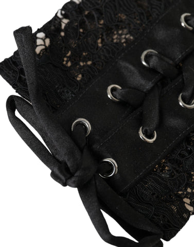 Black Taormina lace elbow length gloves by Dolce & Gabbana, featuring intricate lace fabric and elegant design.
