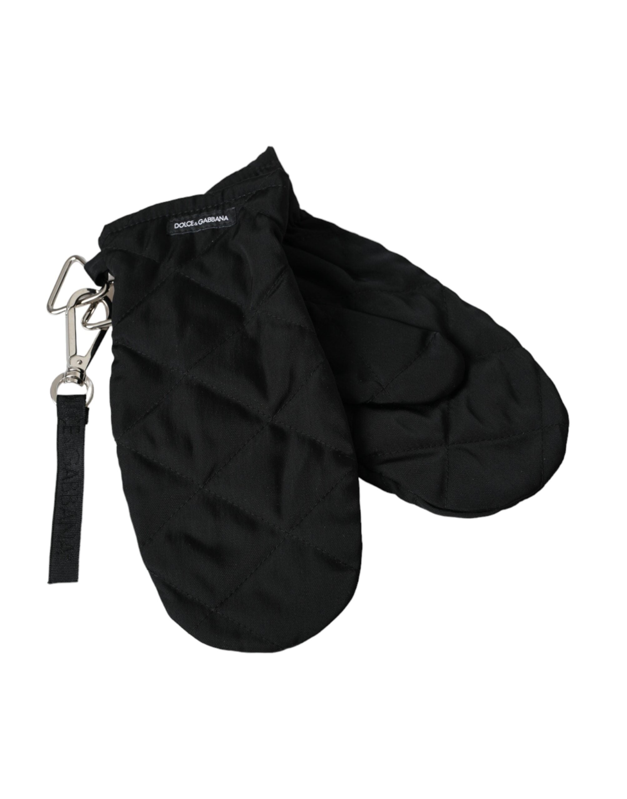 Black quilted nylon wrist-length mitten gloves by Dolce & Gabbana with a sleek, padded design and snug fit.