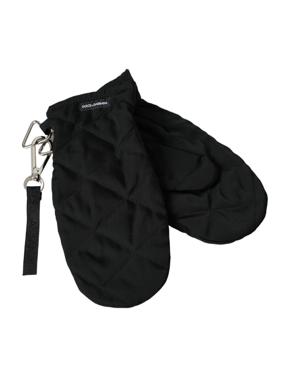 Black quilted nylon wrist-length mitten gloves by Dolce & Gabbana with a sleek, padded design and snug fit.
