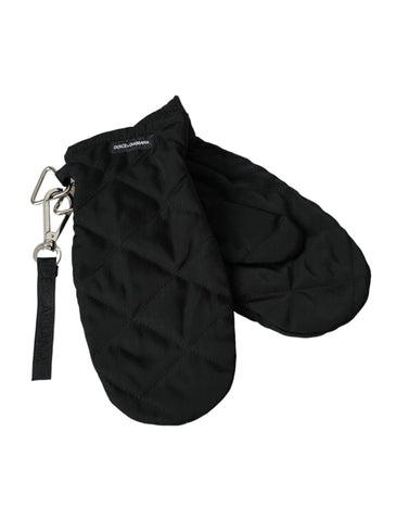 Black quilted nylon wrist-length mitten gloves by Dolce & Gabbana with a sleek, padded design and snug fit.