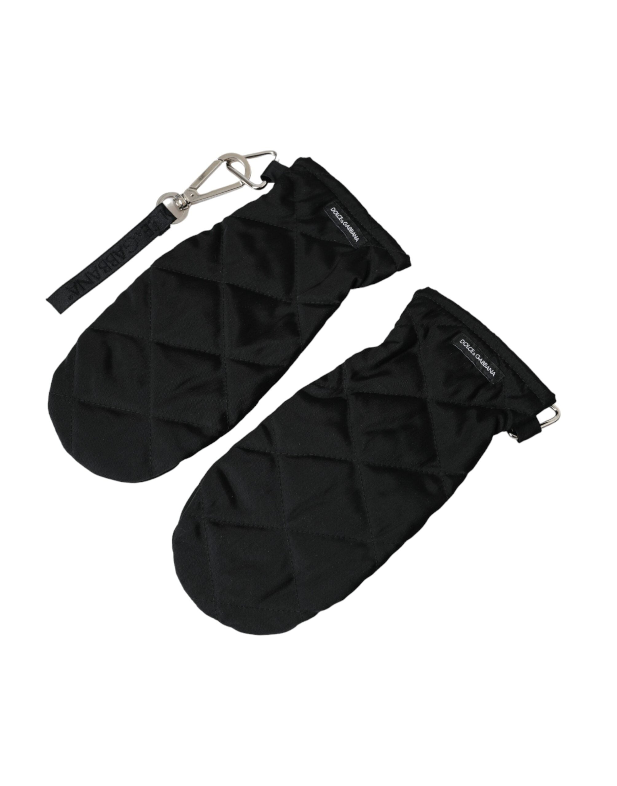 Black quilted nylon wrist-length mitten gloves by Dolce & Gabbana with a sleek, padded design and ribbed cuffs.