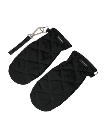 Black quilted nylon wrist-length mitten gloves by Dolce & Gabbana with a sleek, padded design and ribbed cuffs.