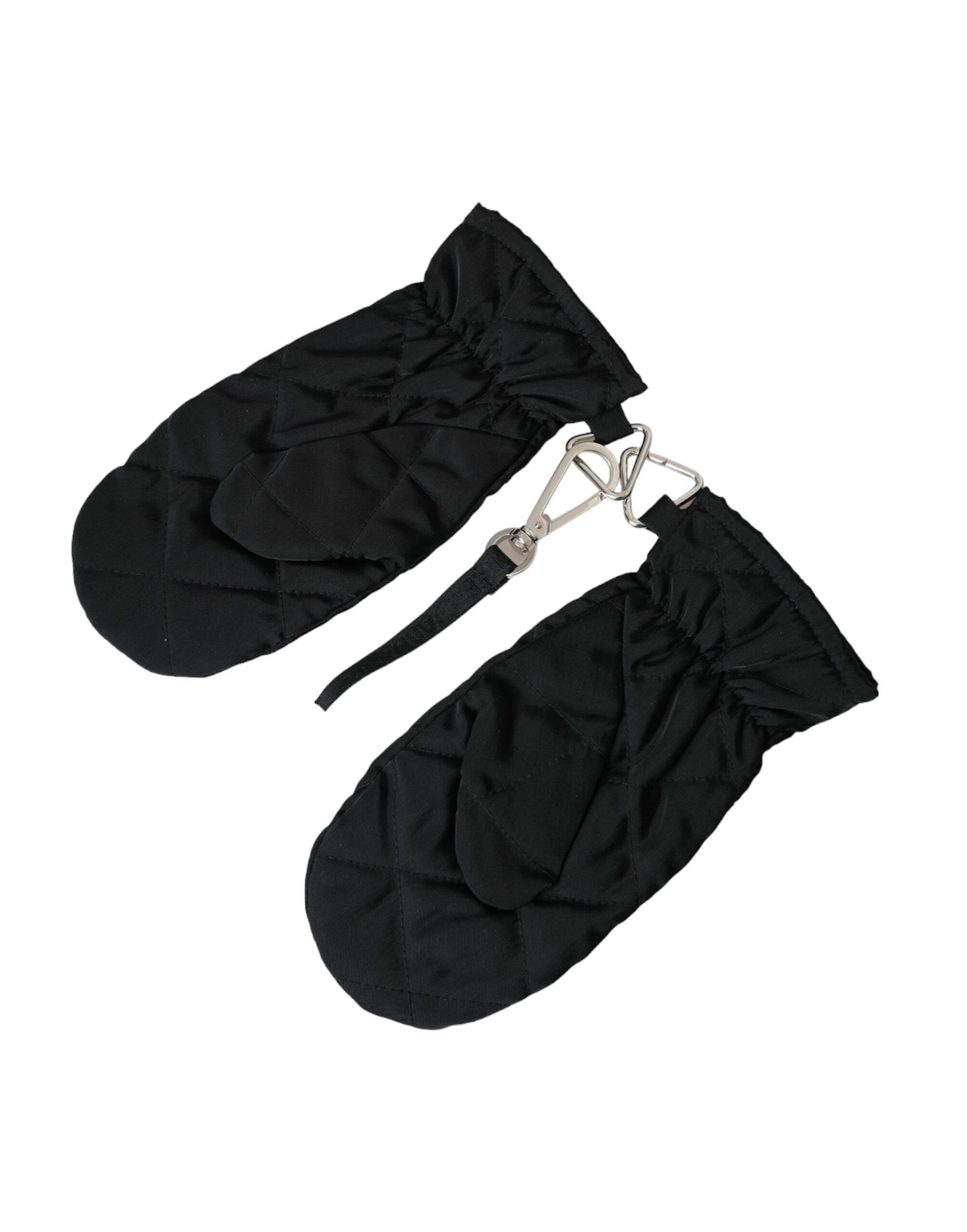 Black quilted nylon wrist-length mitten gloves by Dolce & Gabbana, featuring a stylish quilted pattern and snug fit.