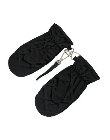 Black quilted nylon wrist-length mitten gloves by Dolce & Gabbana, featuring a stylish quilted pattern and snug fit.