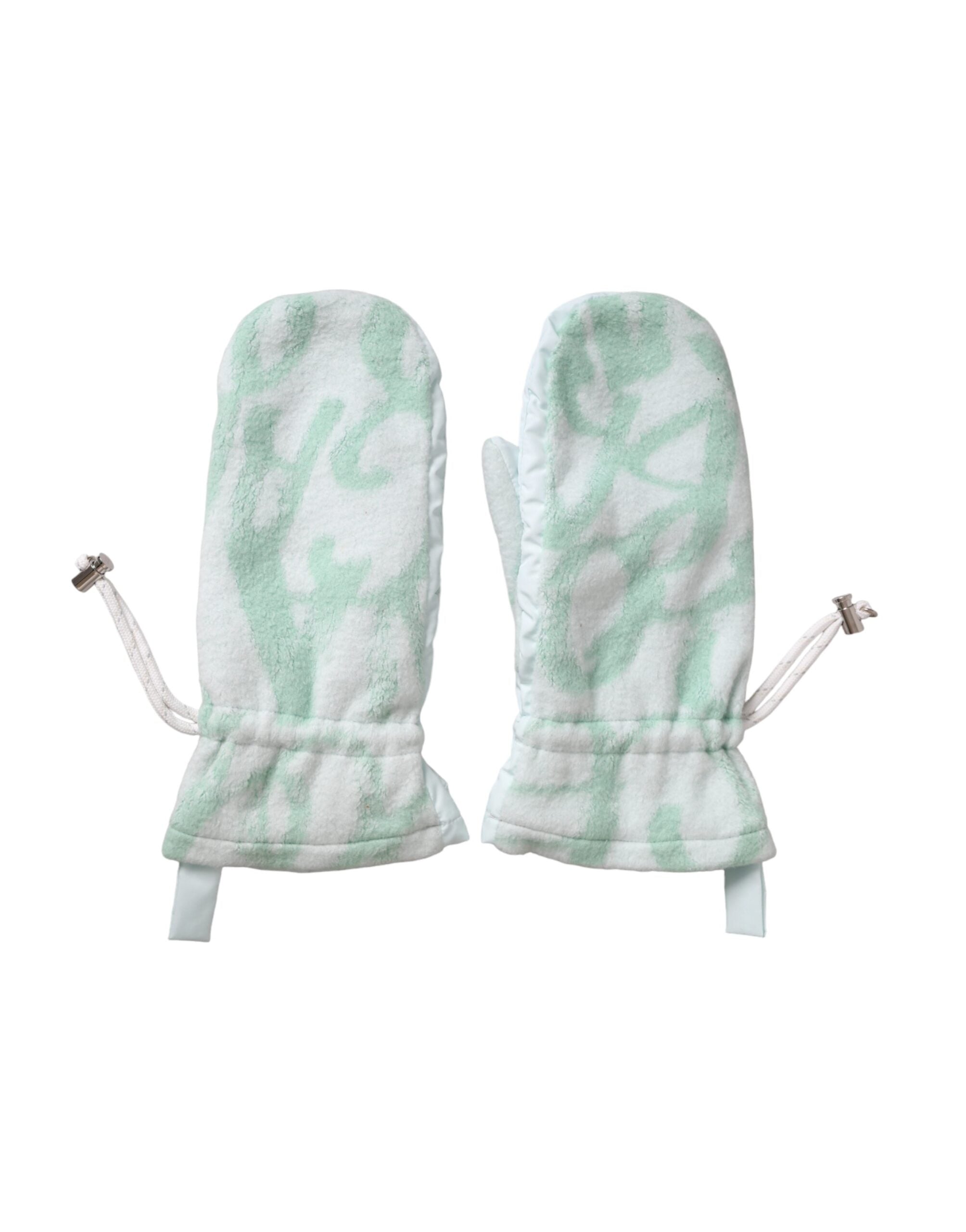 White nylon fleece wrist-length mitten gloves by Dolce & Gabbana, showing a close-up of the soft, insulated winter handwear.
