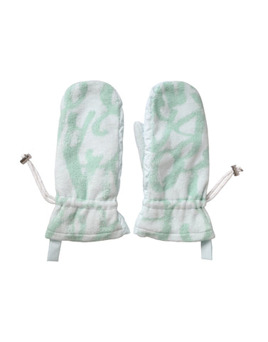 White nylon fleece wrist-length mitten gloves by Dolce & Gabbana, showing a close-up of the soft, insulated winter handwear.