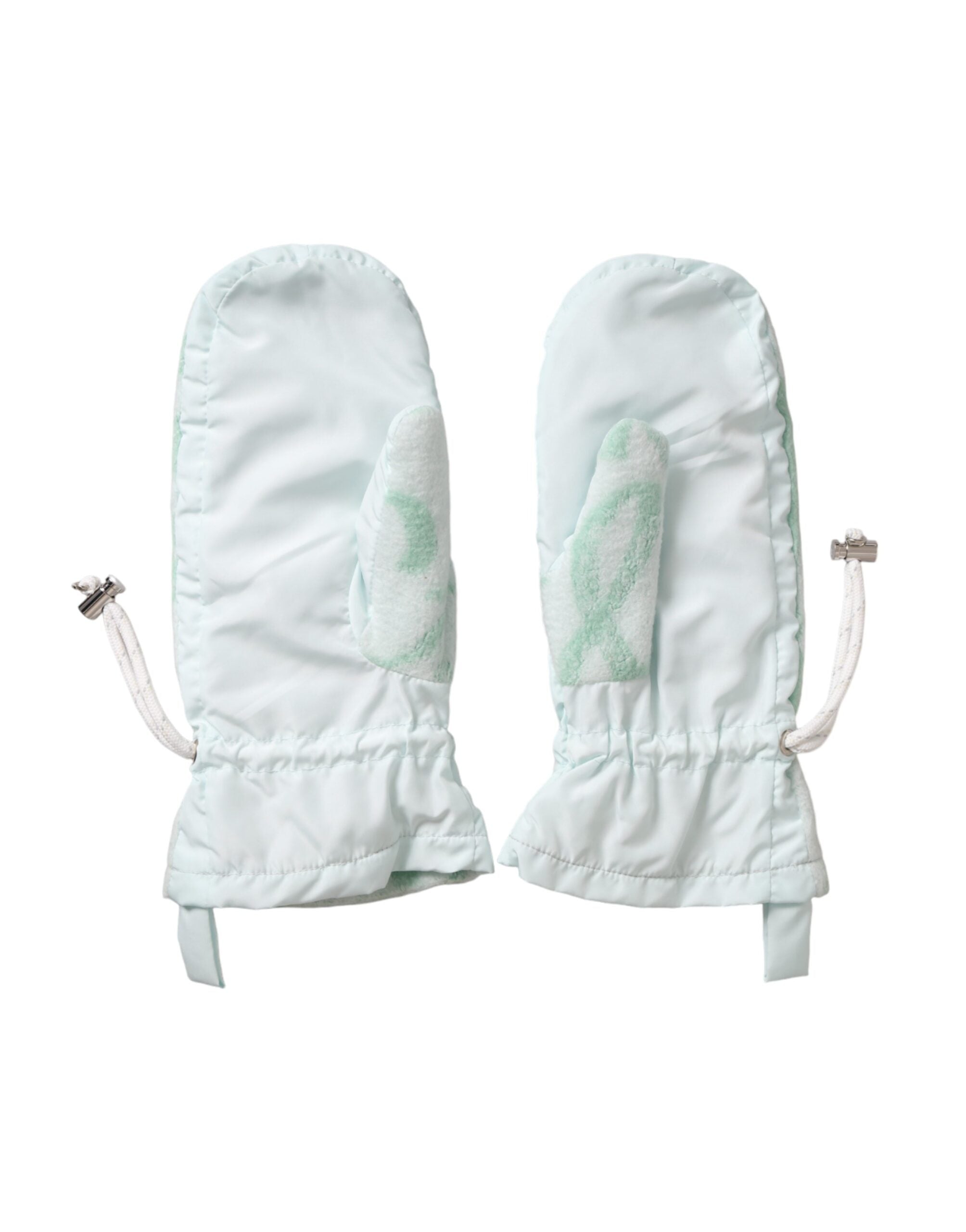 White nylon fleece wrist-length mitten gloves by Dolce & Gabbana showing smooth fabric and snug fit on the hands.