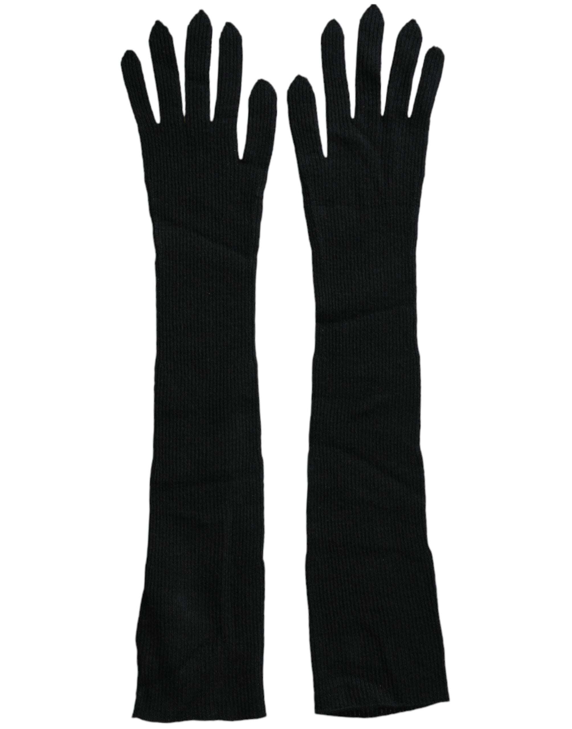 Black cashmere knitted elbow-length gloves by Dolce & Gabbana, featuring a soft, cozy texture and elegant design.