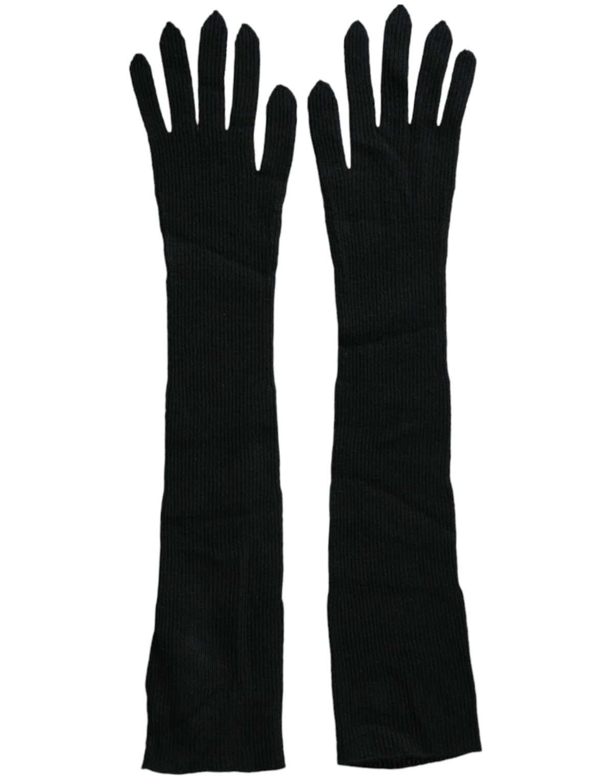 Black cashmere knitted elbow-length gloves by Dolce & Gabbana, featuring a soft, cozy texture and elegant design.