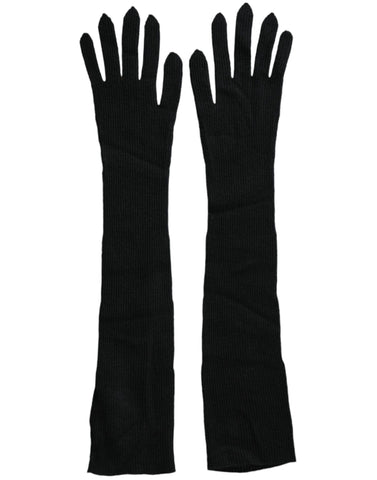 Black cashmere knitted elbow-length gloves by Dolce & Gabbana, featuring a soft, cozy texture and elegant design.