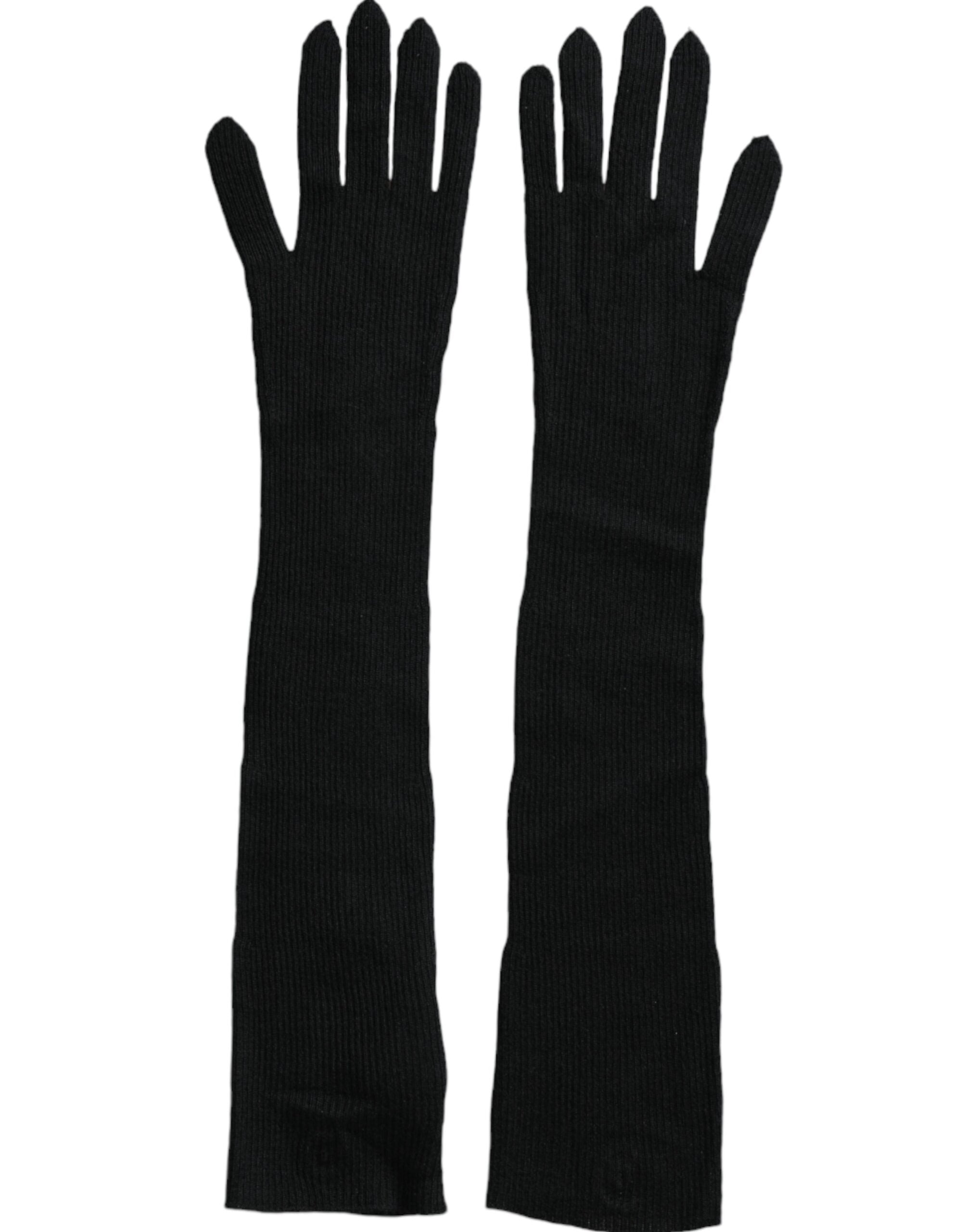 Black cashmere knitted elbow-length gloves by Dolce & Gabbana, showing their soft texture and stylish design.