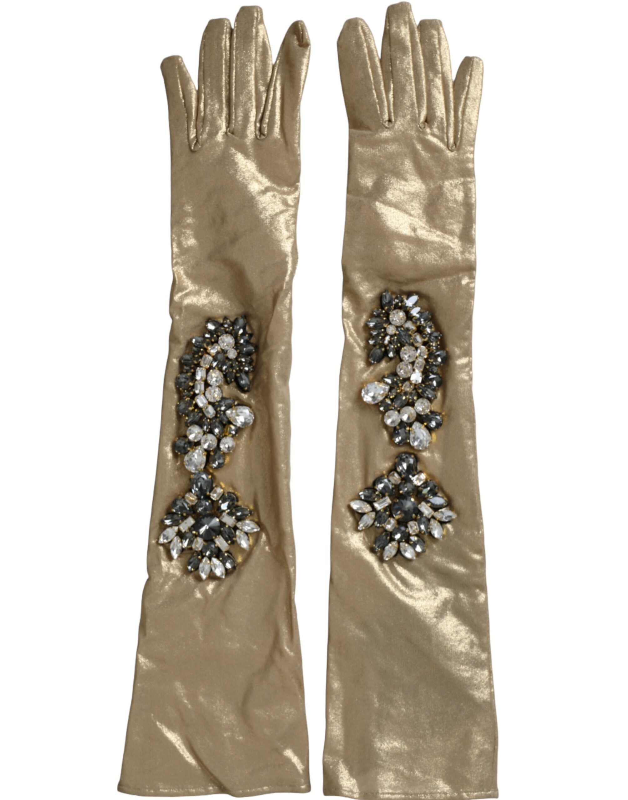 Beige satin crystal elbow-length gloves by Dolce & Gabbana, featuring elegant crystal embellishments and smooth satin fabric.