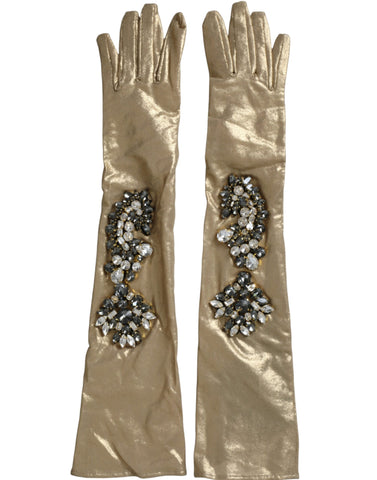 Beige satin crystal elbow-length gloves by Dolce & Gabbana, featuring elegant crystal embellishments and smooth satin fabric.