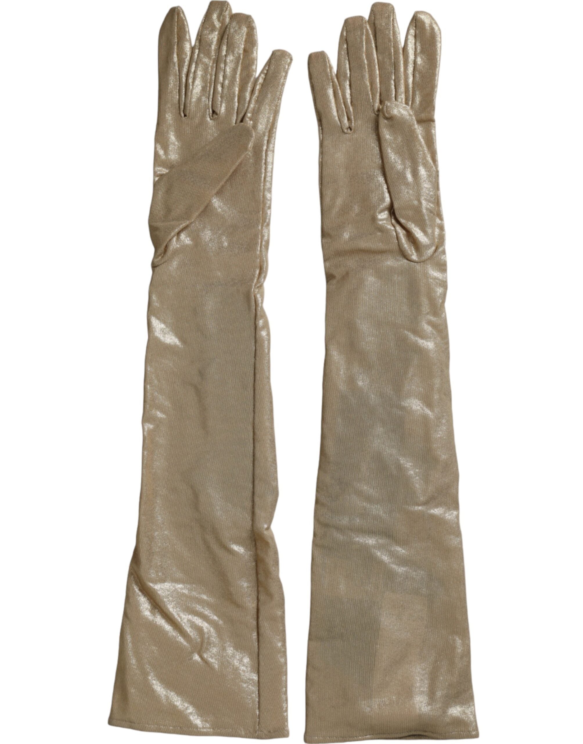 Beige satin crystal elbow length gloves by Dolce & Gabbana, featuring elegant crystal embellishments and smooth satin fabric.