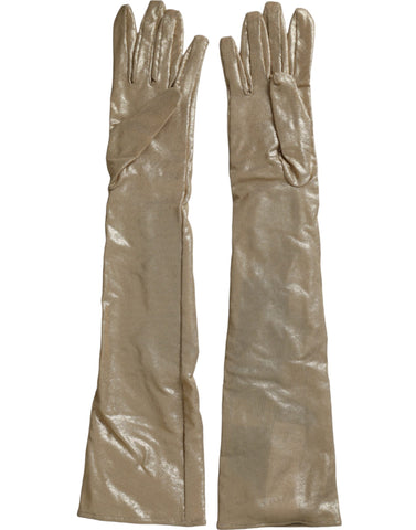 Beige satin crystal elbow length gloves by Dolce & Gabbana, featuring elegant crystal embellishments and smooth satin fabric.