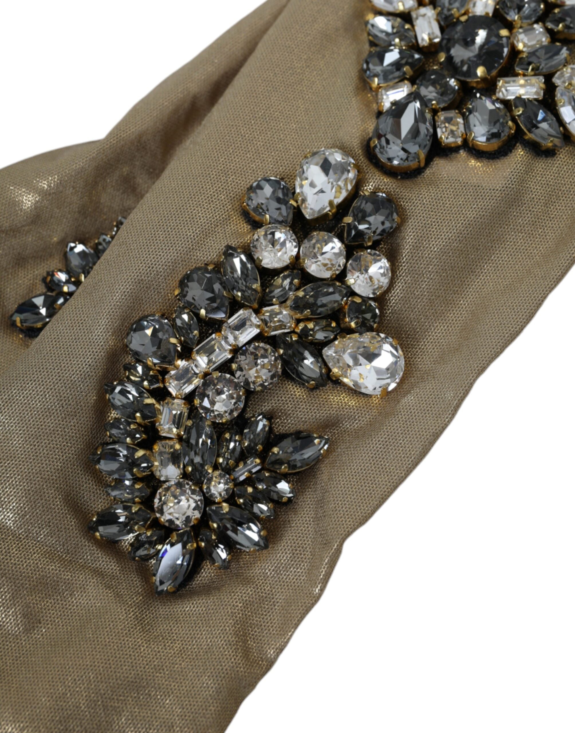 Beige satin crystal elbow length gloves by Dolce & Gabbana, featuring elegant crystal embellishments and smooth satin fabric.