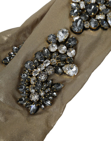 Beige satin crystal elbow length gloves by Dolce & Gabbana, featuring elegant crystal embellishments and smooth satin fabric.