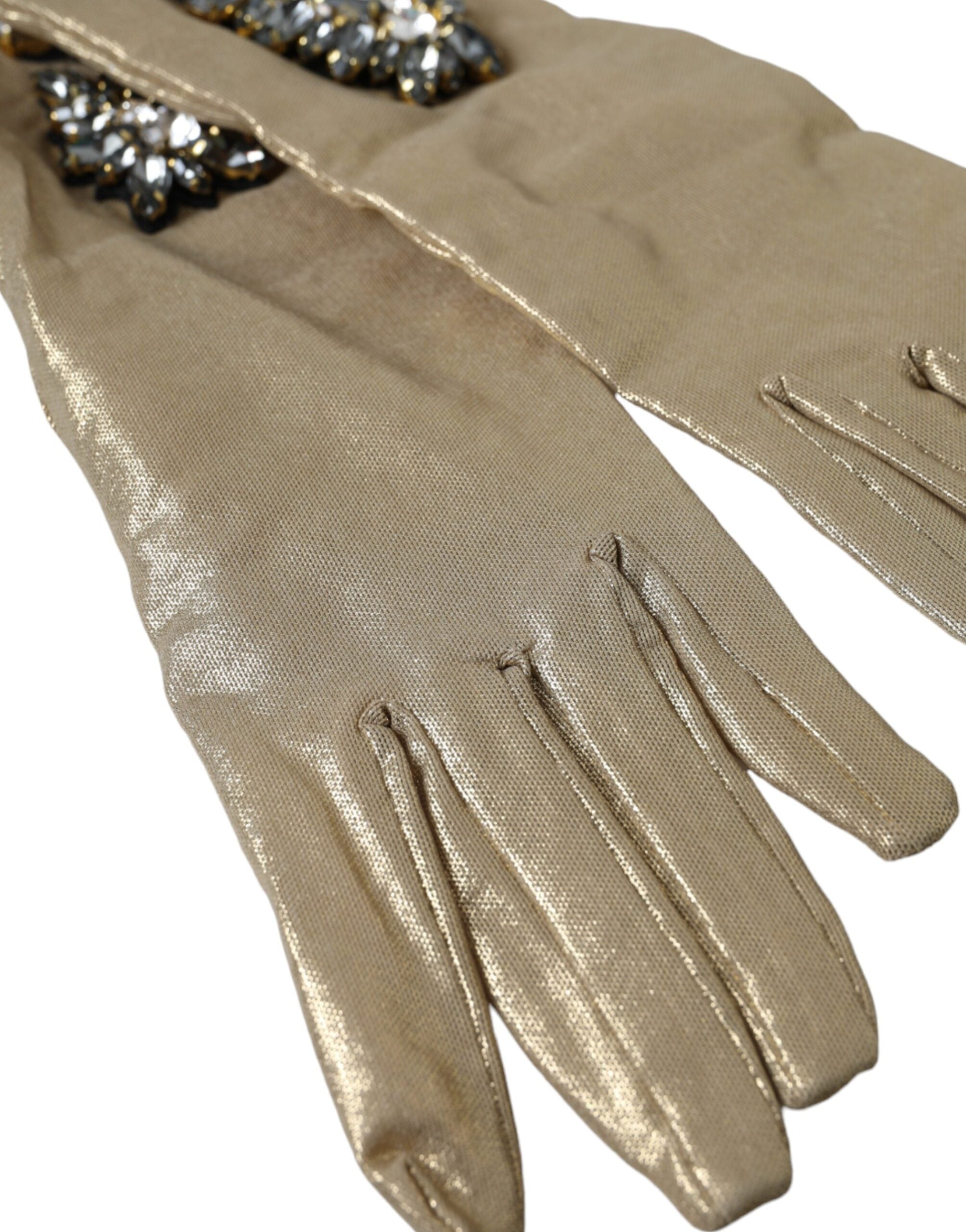 Beige satin crystal elbow length gloves by Dolce & Gabbana, featuring elegant design with crystal embellishments.