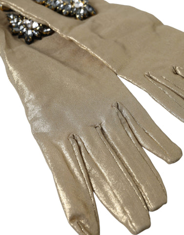 Beige satin crystal elbow length gloves by Dolce & Gabbana, featuring elegant design with crystal embellishments.
