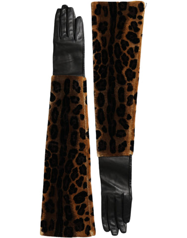 Brown and black leopard leather elbow-length gloves by Dolce & Gabbana with a stylish animal print design.