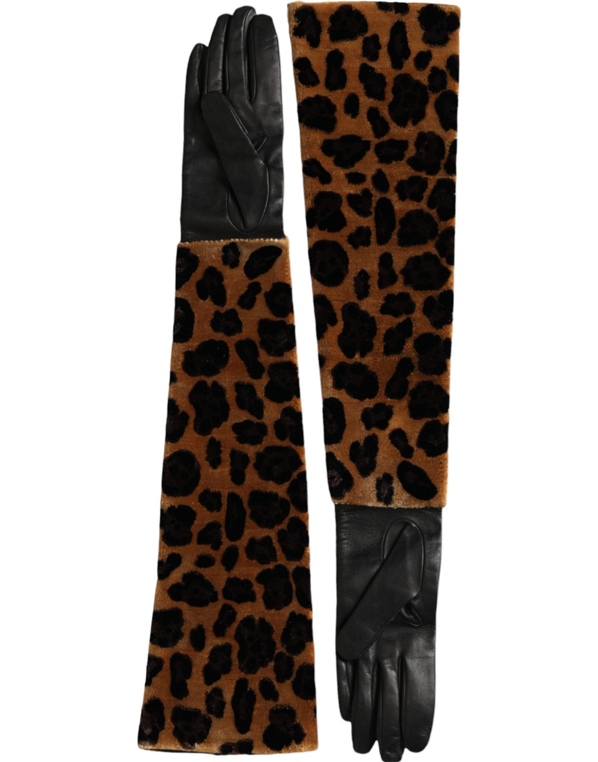 Brown and black leopard leather elbow-length gloves by Dolce & Gabbana, featuring luxurious animal print and elegant design.