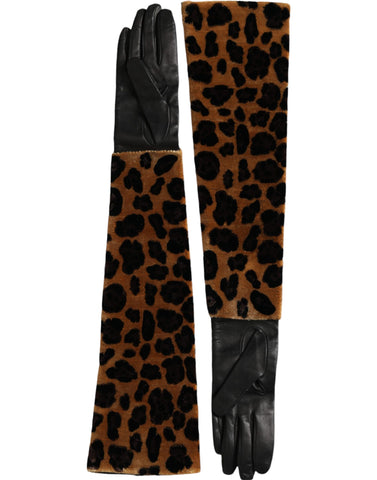 Brown and black leopard leather elbow-length gloves by Dolce & Gabbana, featuring luxurious animal print and elegant design.