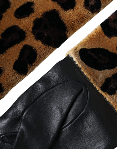Brown and black leopard leather elbow-length gloves by Dolce & Gabbana displayed on a neutral background.
