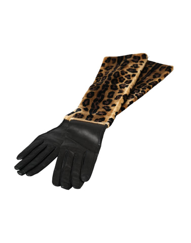 Brown and black leopard leather elbow-length gloves by Dolce & Gabbana, featuring a stylish animal print design.