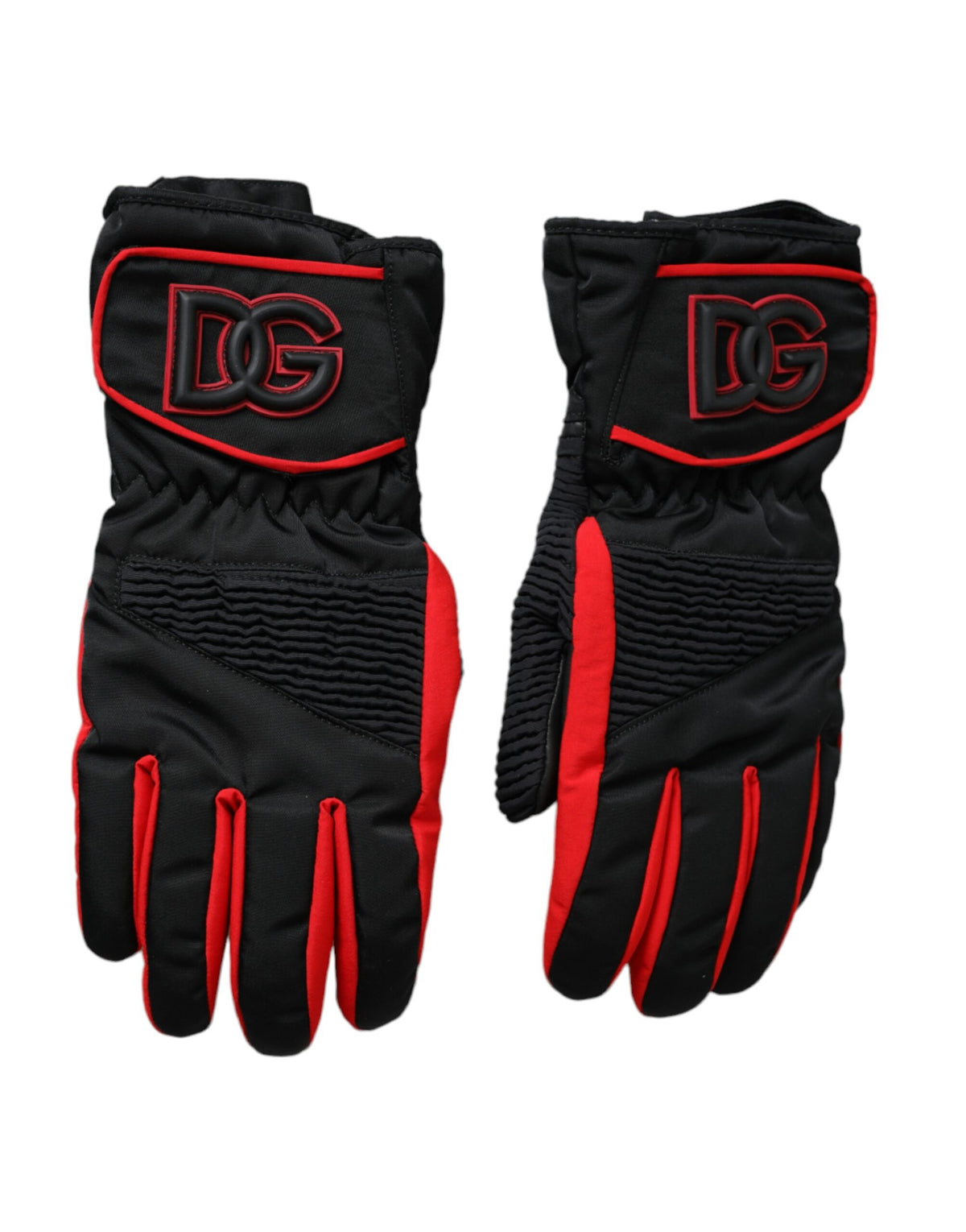 Black and red nylon wrist-length gloves by Dolce & Gabbana, stylish accessory with a sleek design.