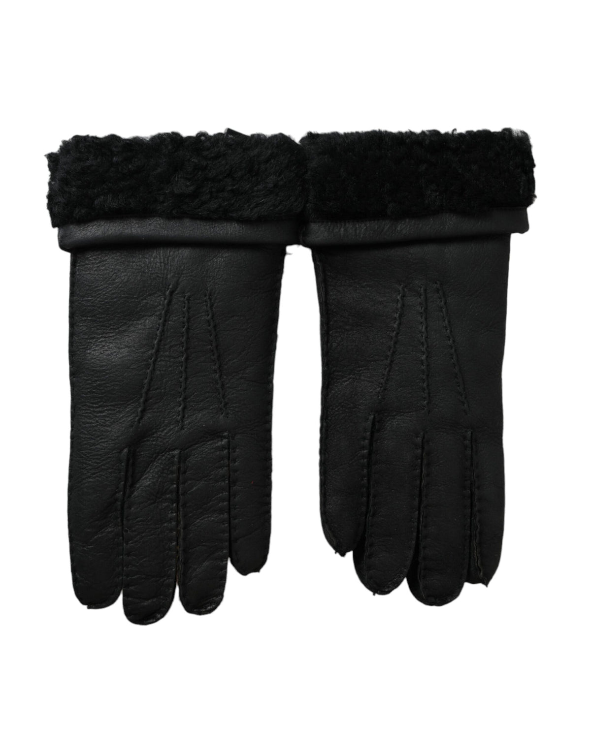 Black leather gloves with fur trim, short style, from Dolce & Gabbana, shown on a model's hands.