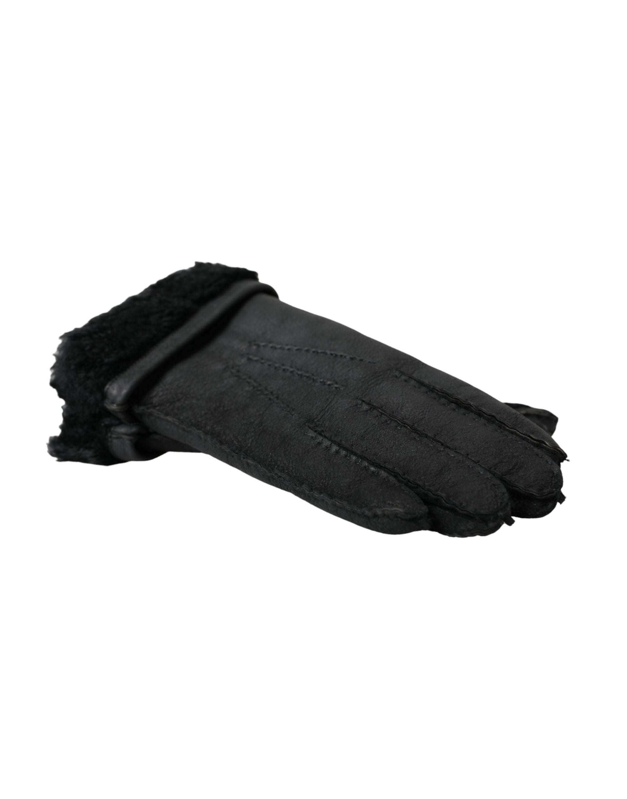 Black leather fur short hands gloves by Dolce & Gabbana featuring soft fur trim and sleek leather design.