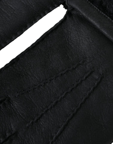 Black leather and fur short gloves by Dolce & Gabbana, showing close-up of stylish handwear with textured leather and soft fur accents.