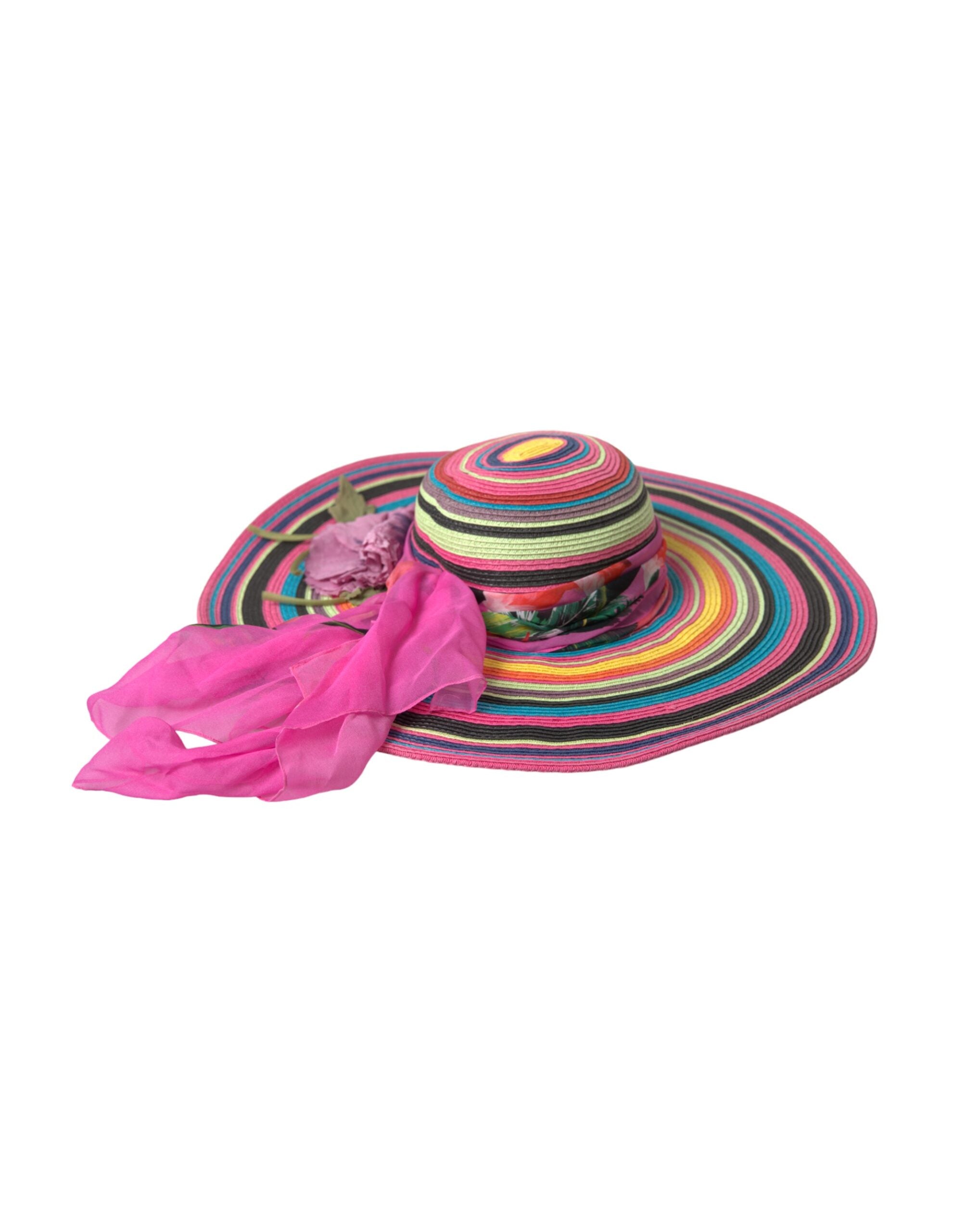 Multicolor fantasy wide brim floppy hat by Dolce & Gabbana featuring vibrant colors and a flowing, wide-brim design.
