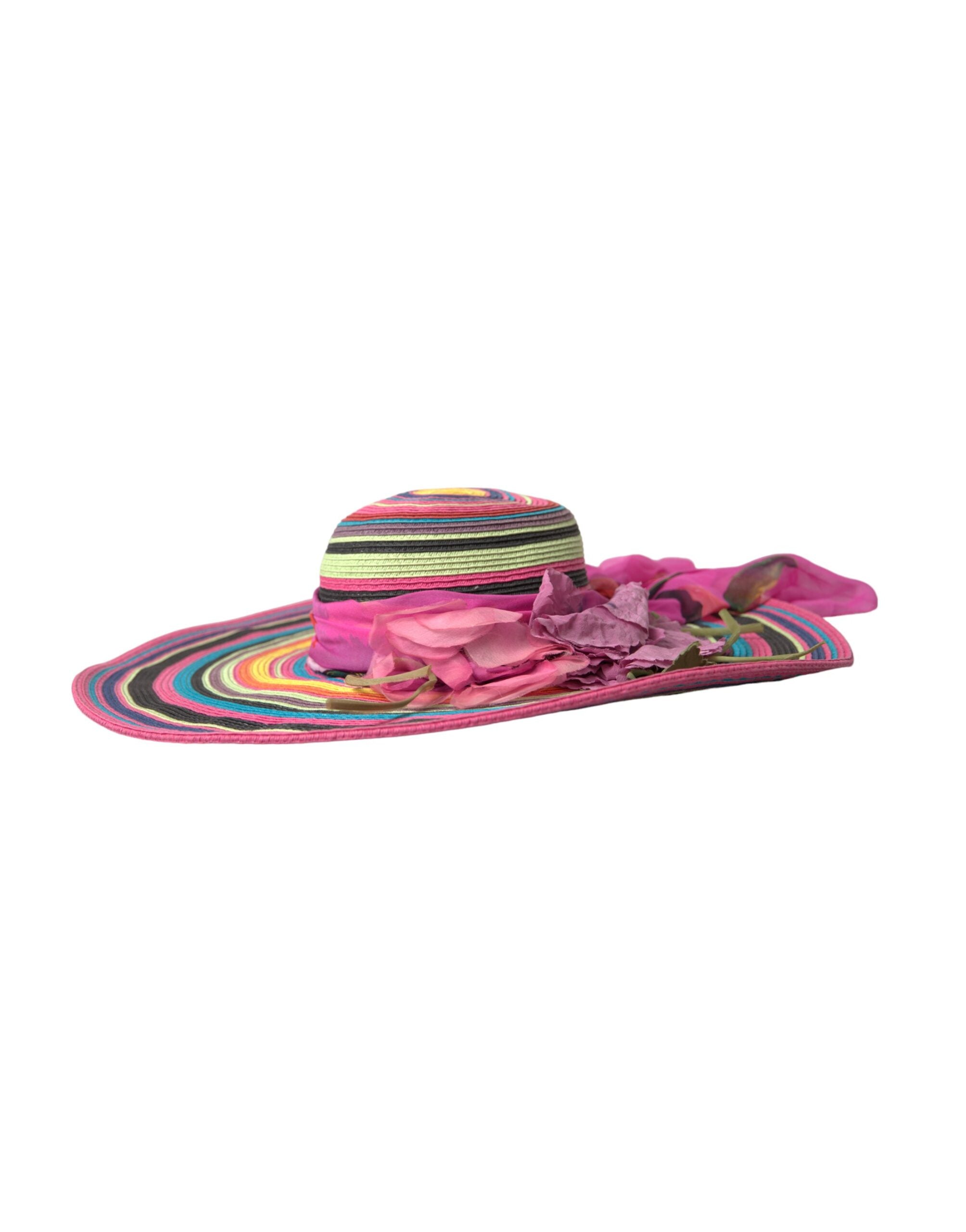 Multicolor fantasy wide brim floppy hat by Dolce & Gabbana featuring vibrant colors and a stylish, flowing design.