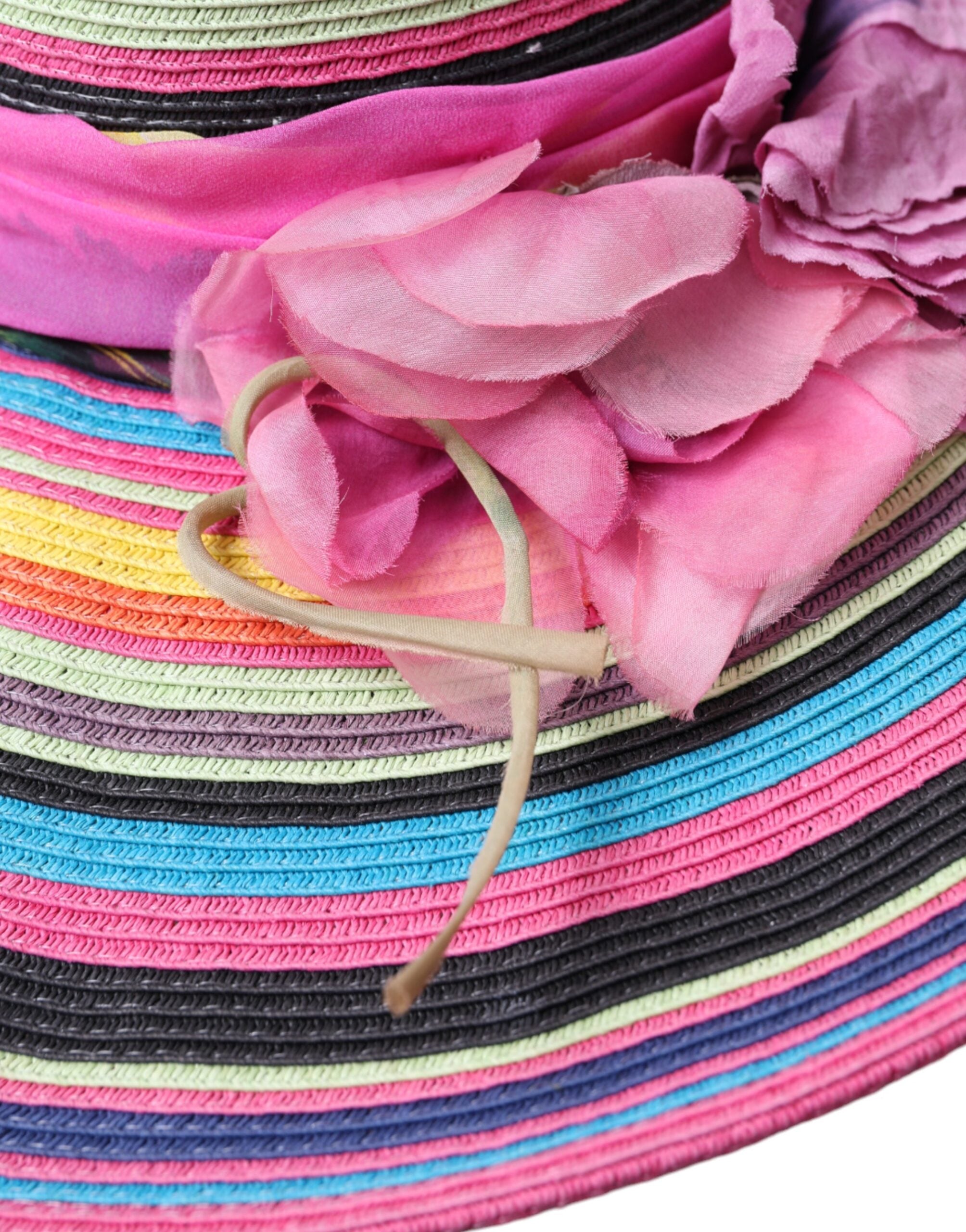 Multicolor fantasy wide brim floppy hat by Dolce & Gabbana with vibrant patterns and a stylish, flowing design.
