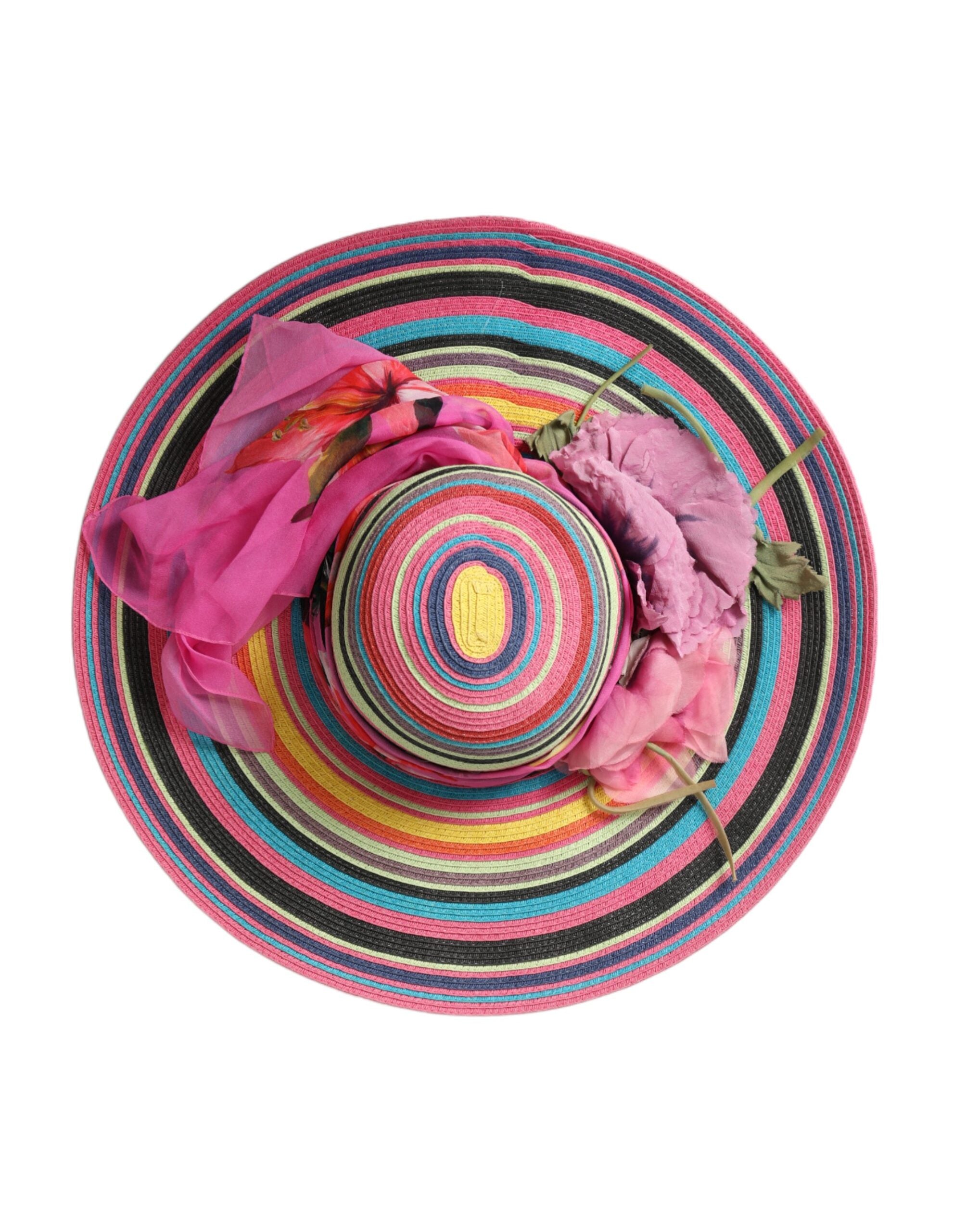 Multicolor fantasy wide brim floppy hat by Dolce & Gabbana featuring vibrant colors and a stylish, flowing design.