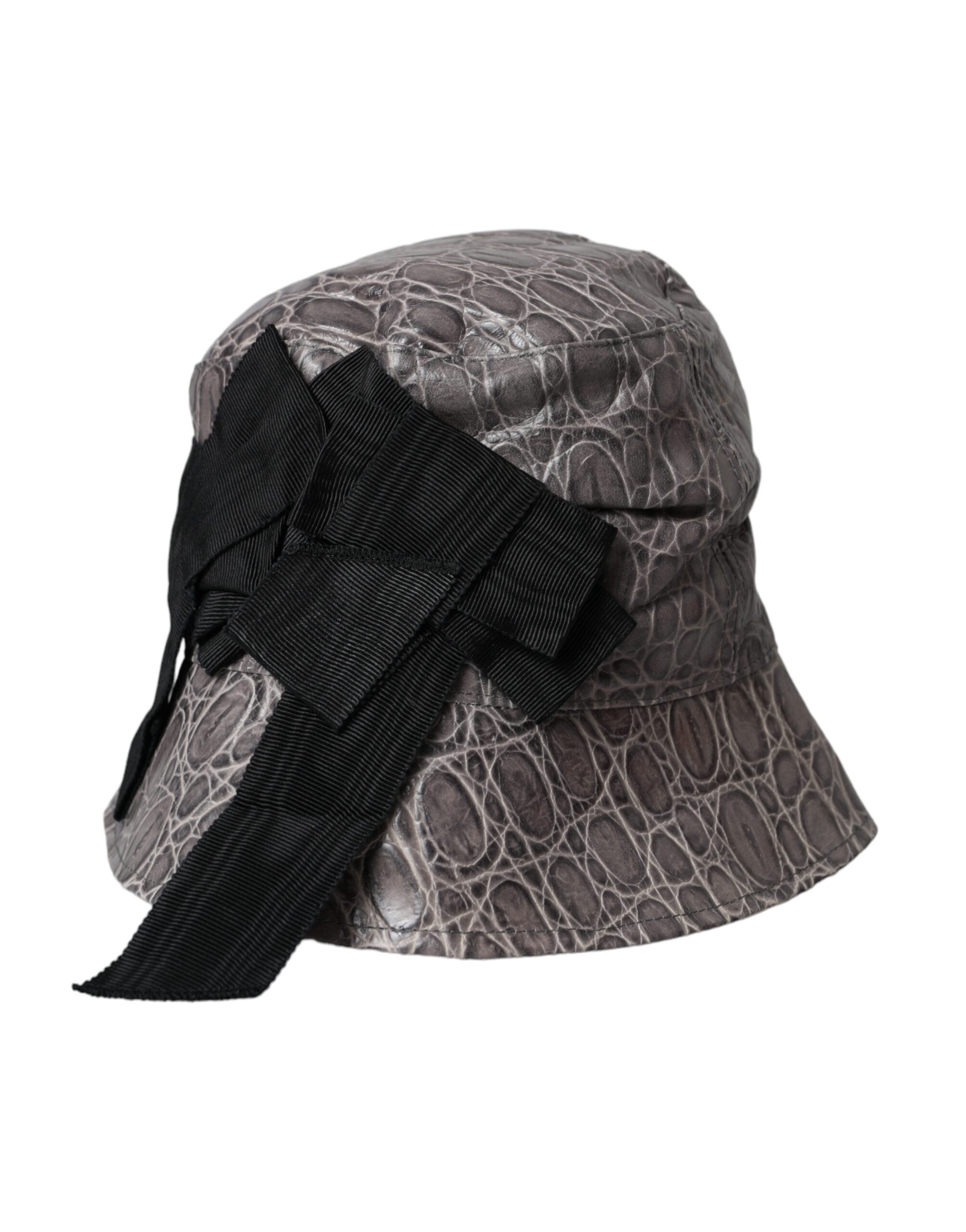 Black and gray patterned leather bucket hat by Dolce & Gabbana, featuring stylish design and textured fabric.