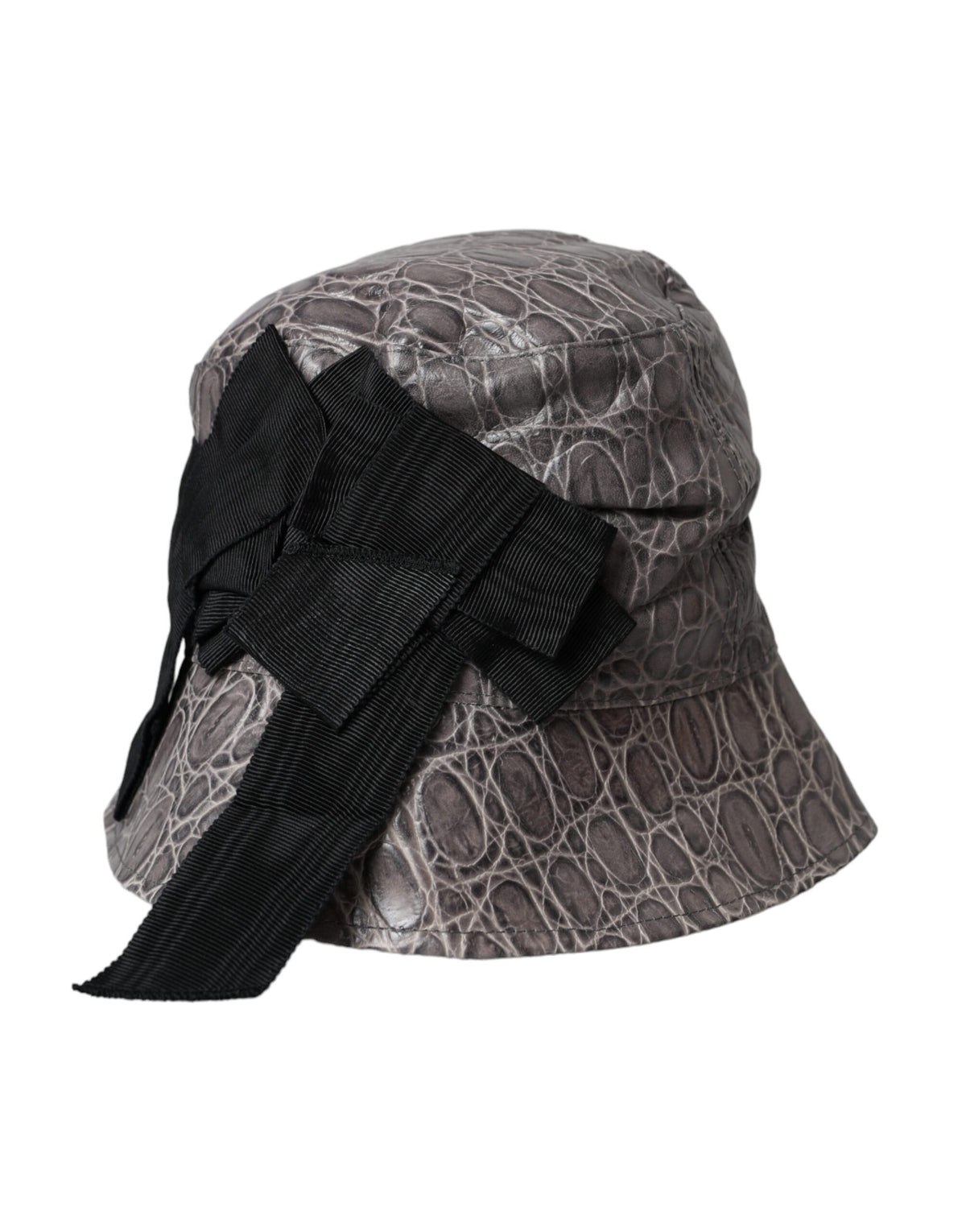 Black and gray patterned leather bucket hat by Dolce & Gabbana, featuring stylish design and textured fabric.
