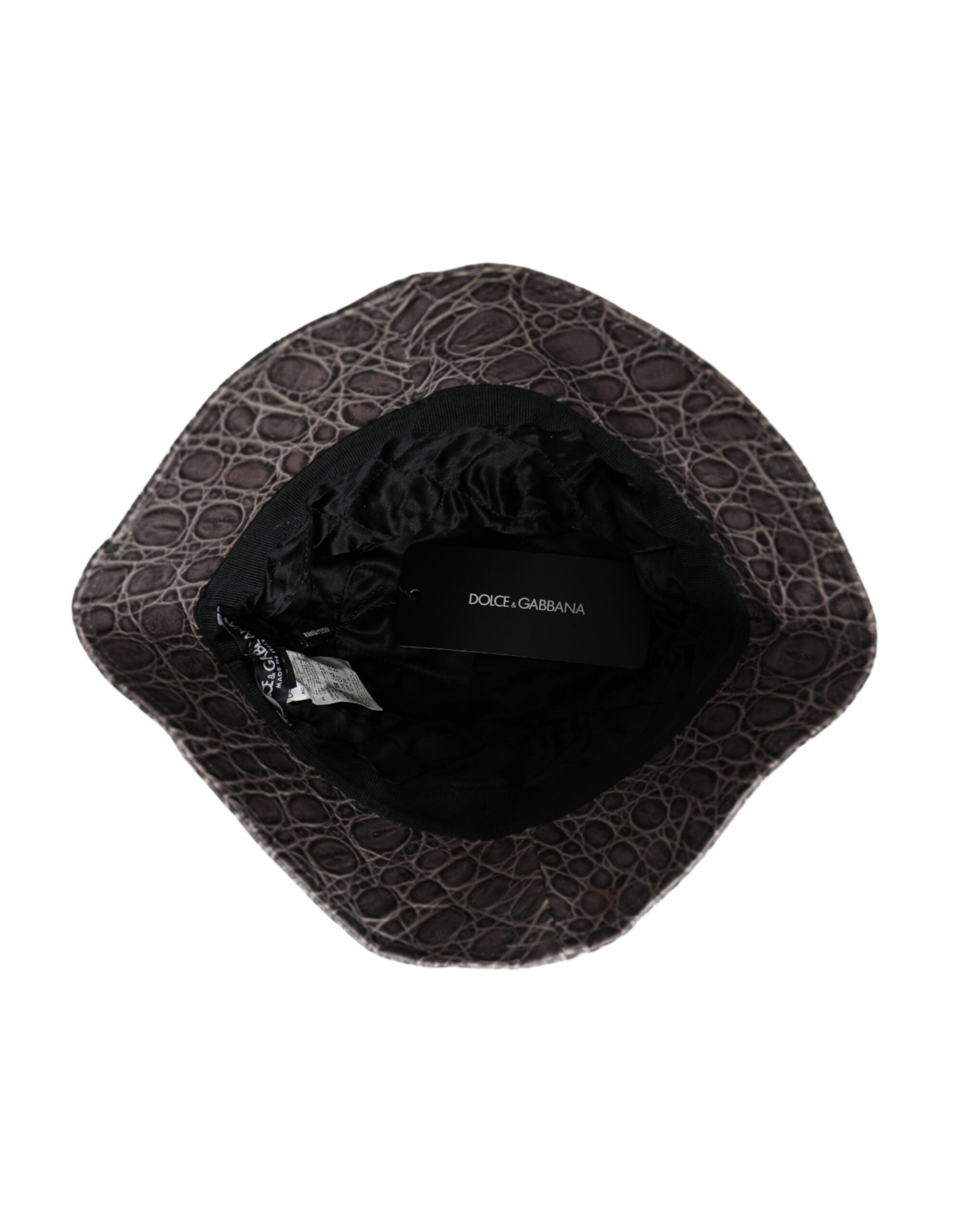 Black and gray patterned leather bucket hat by Dolce & Gabbana with a stylish, textured design and wide brim.