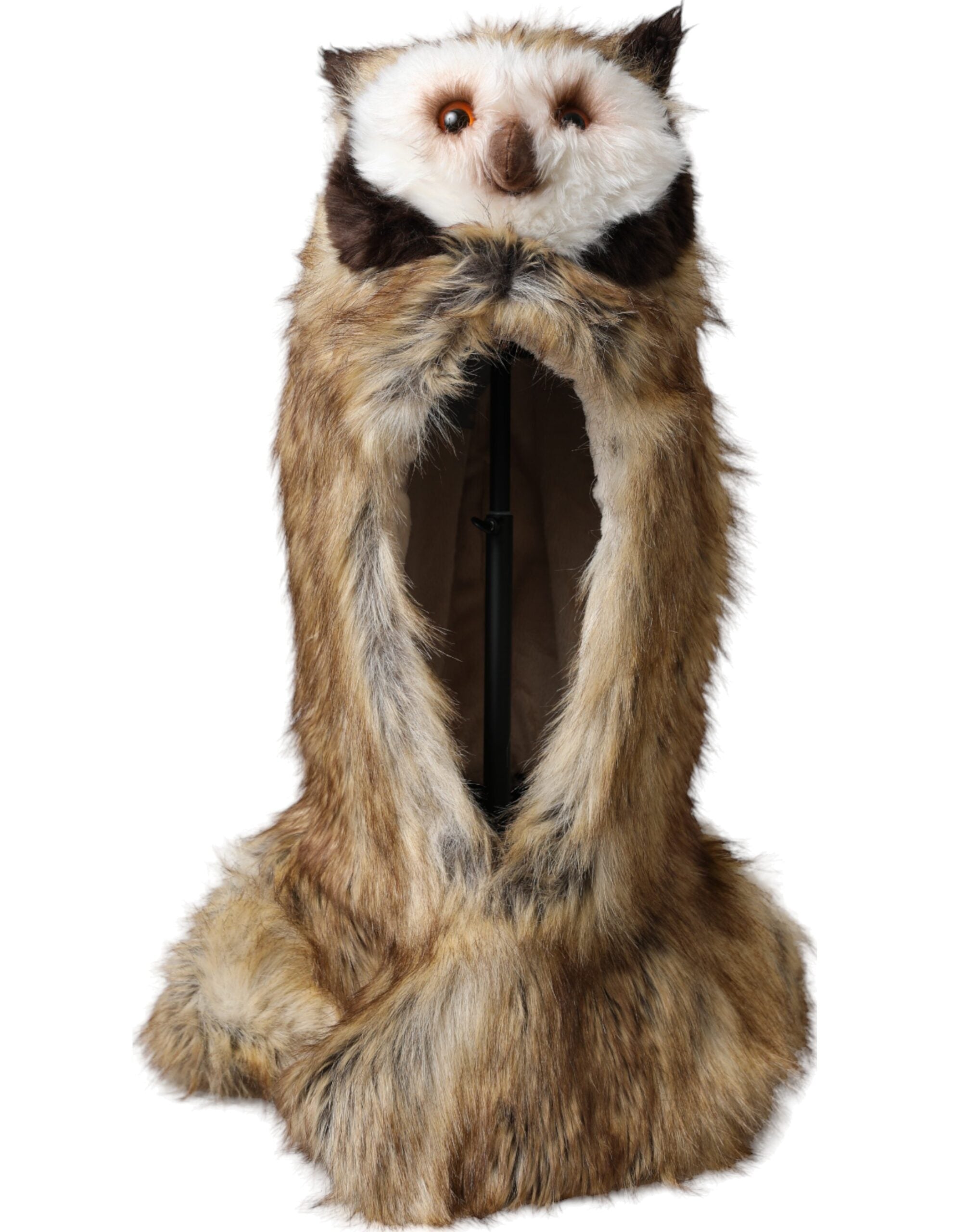 Brown owl faux fur full head cap hat by Dolce & Gabbana, featuring detailed owl design and plush fur texture.