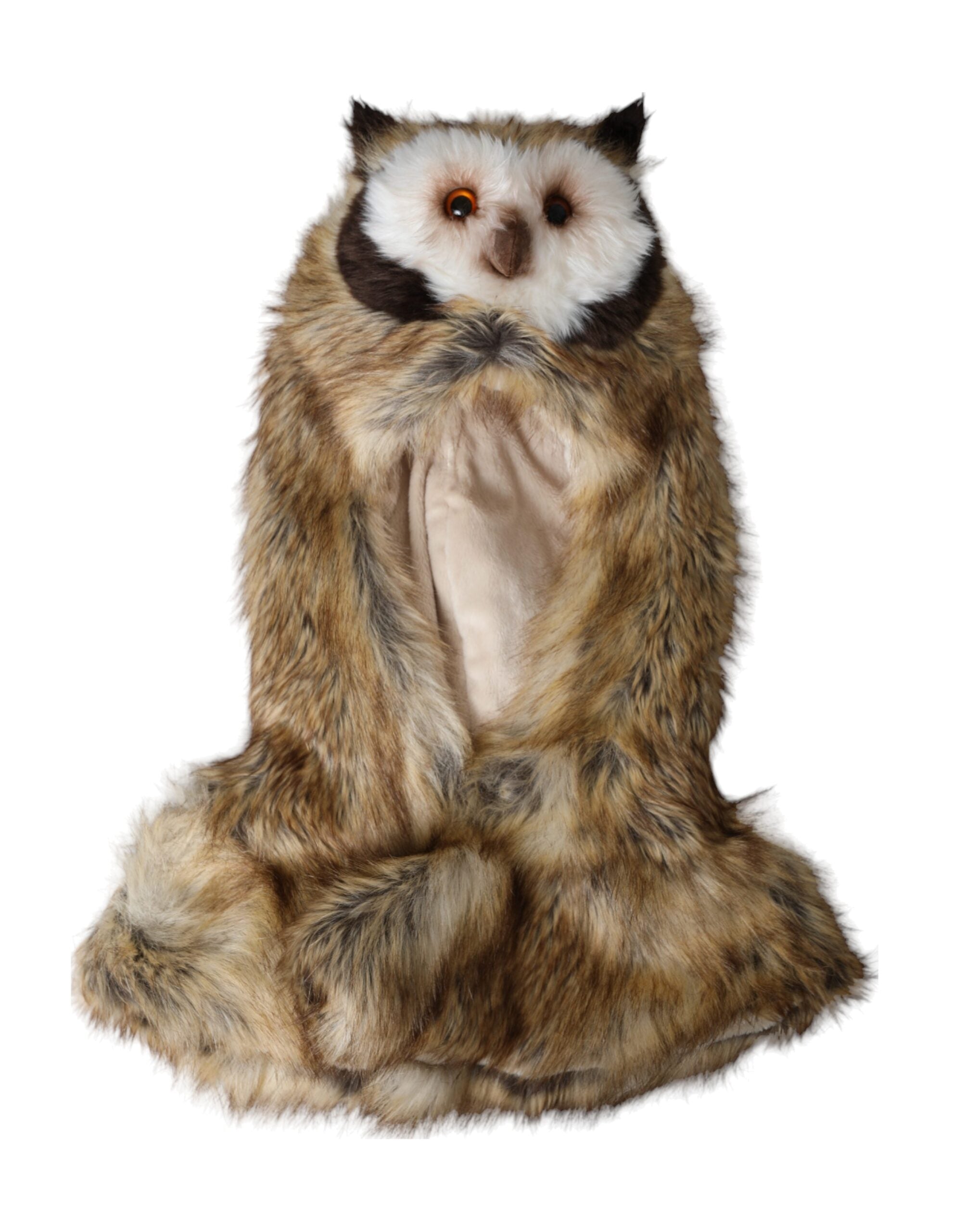 Brown owl faux fur whole head cap hat by Dolce & Gabbana with detailed owl face and textured fur material.