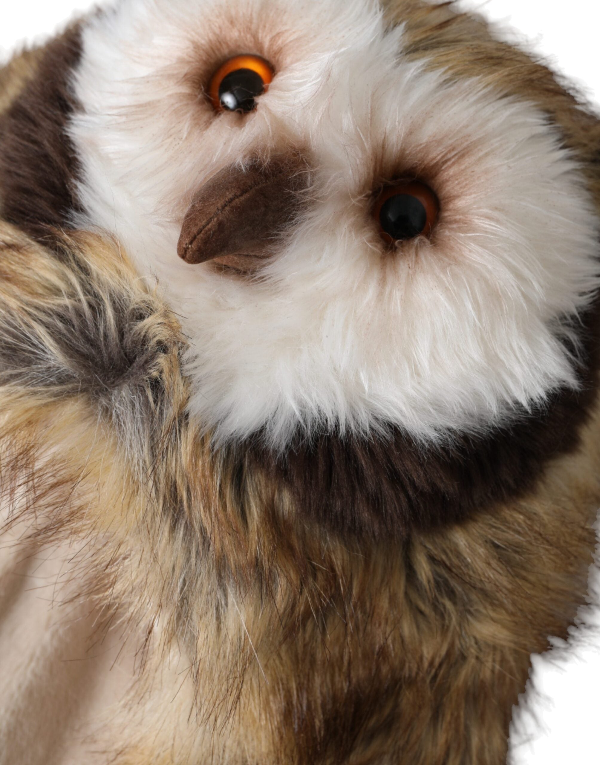 Dolce & Gabbana brown owl faux fur whole head cap hat with detailed owl face and feather textures.