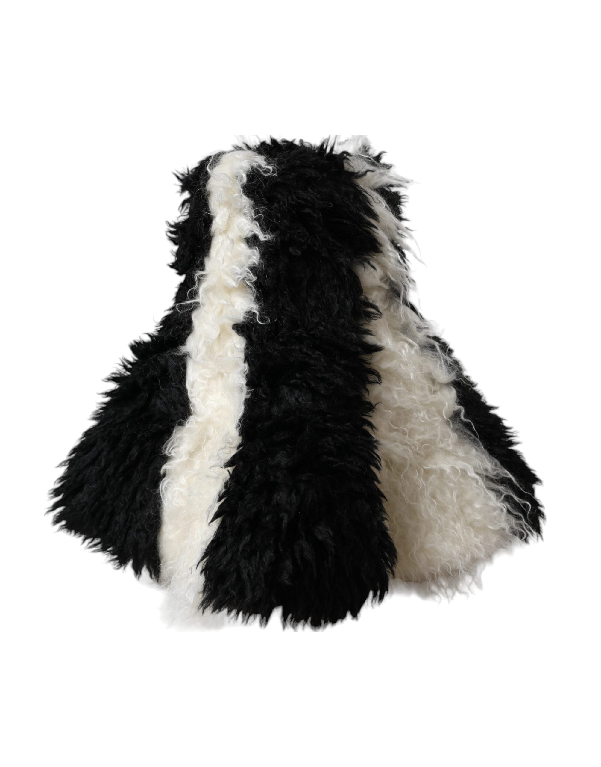 Black and white striped mohair fur bucket hat by Dolce & Gabbana with a soft, textured appearance and wide brim.
