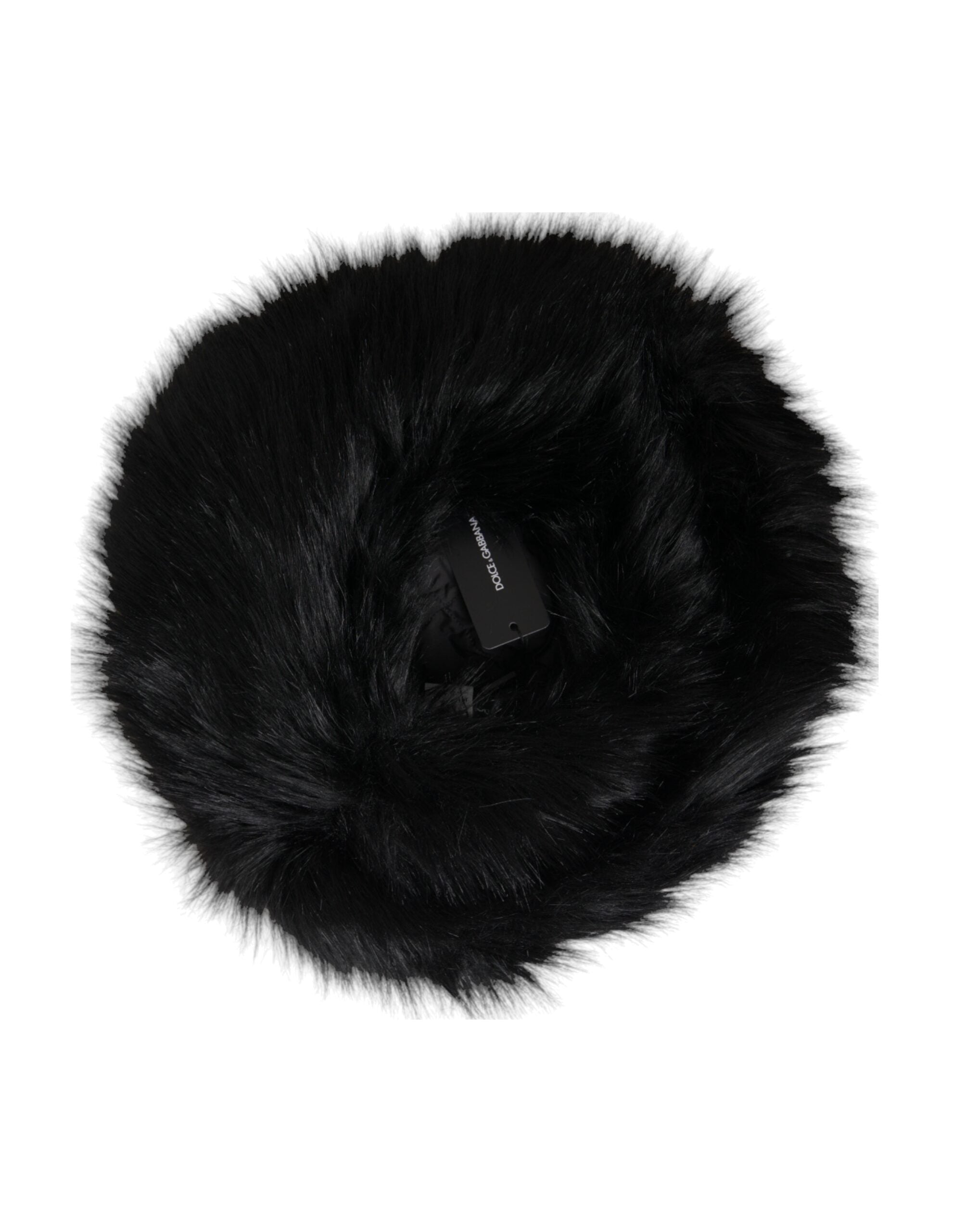 Black faux fur women's bucket hat by Dolce & Gabbana, showing a stylish, plush hat with a wide brim and textured fur exterior.