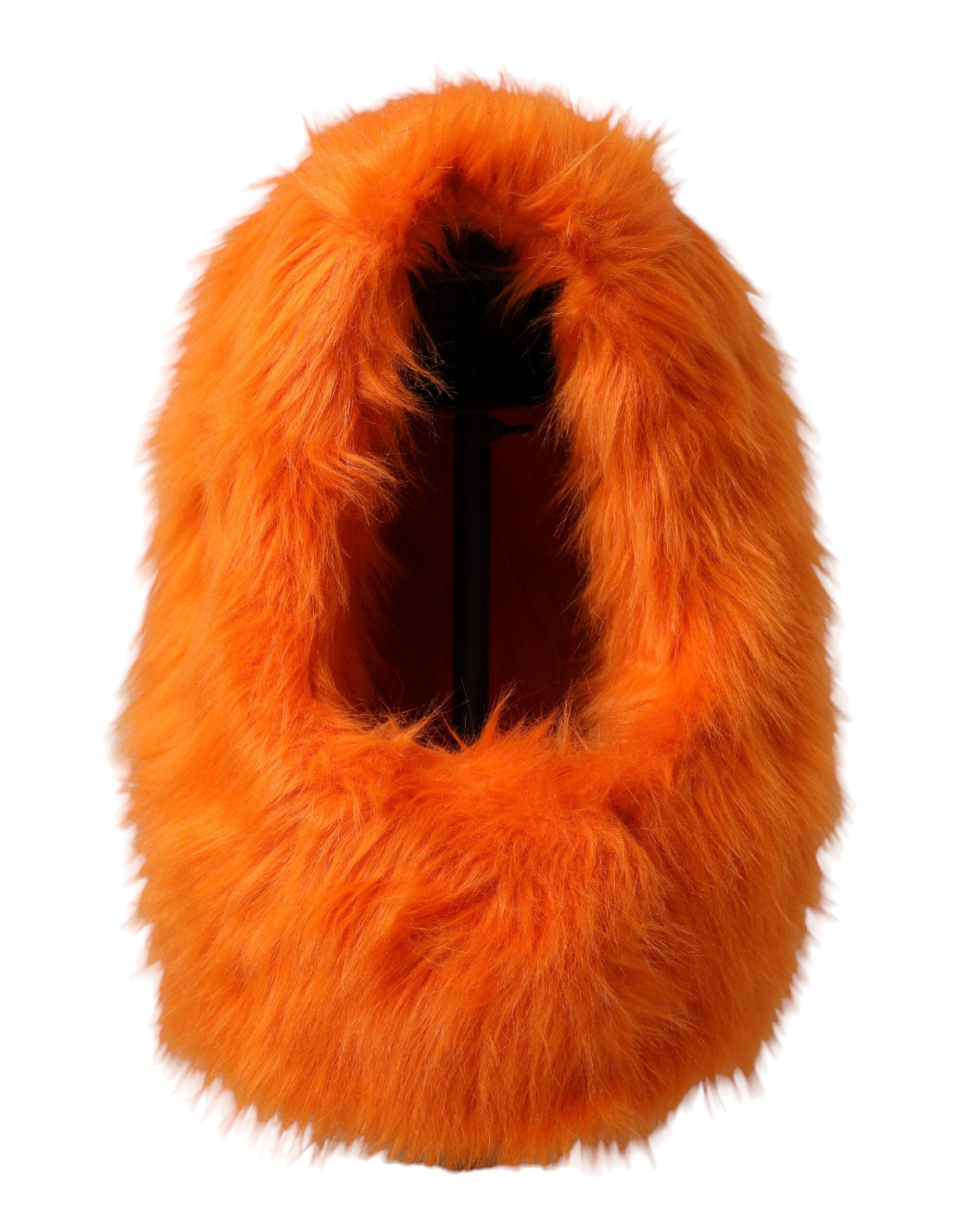 Dolce & Gabbana orange faux fur whole head wrap hat showing plush fur texture and full coverage design.