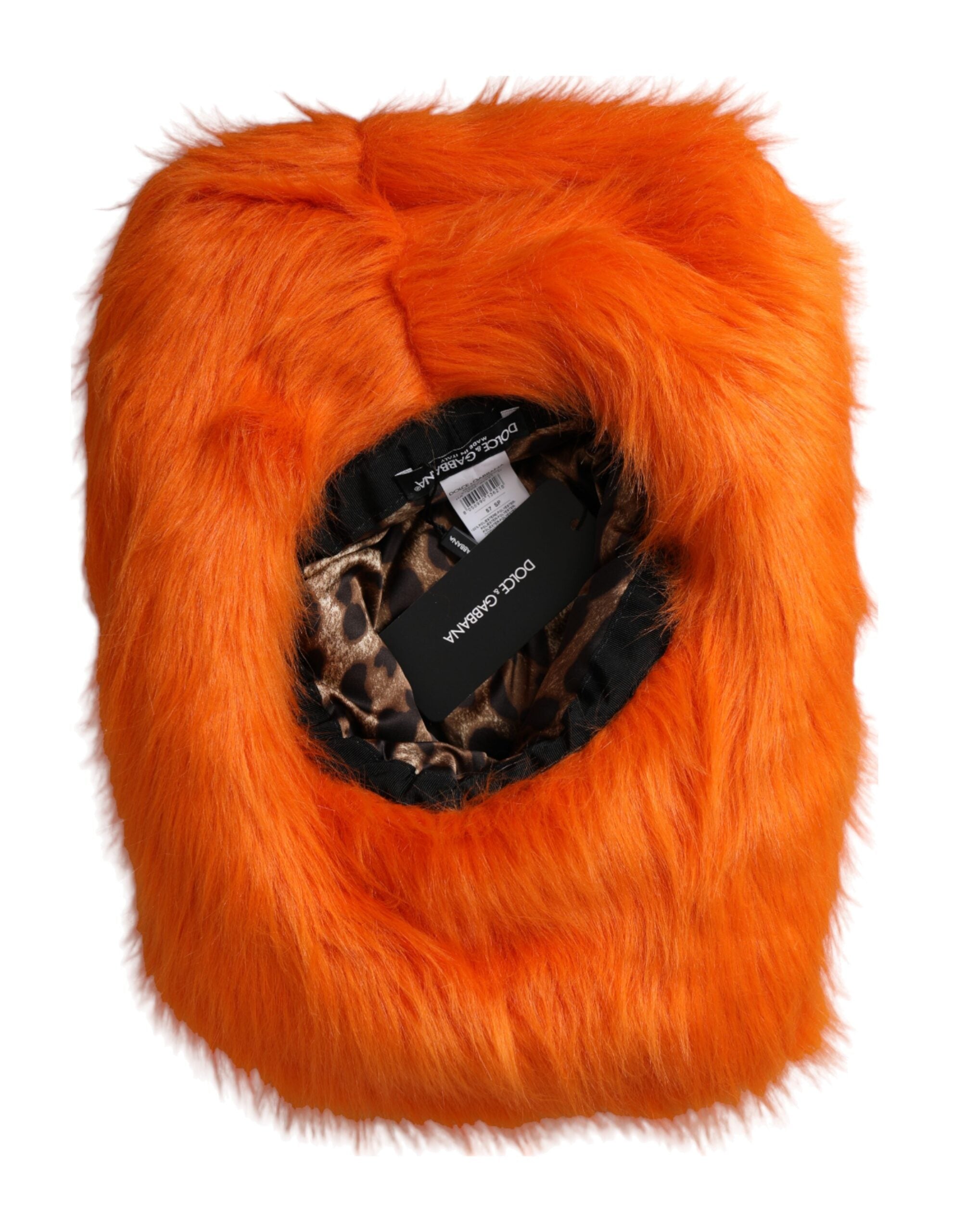 Orange faux fur polyester fedora hat by Dolce & Gabbana with a classic pinched crown and wide brim.
