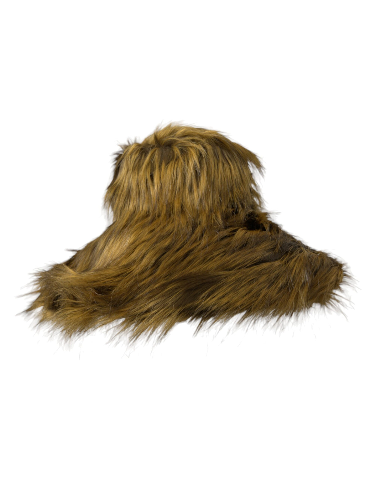 Brown modacrylic faux fur bucket hat by Dolce & Gabbana, shown with its textured fuzzy surface and wide brim.