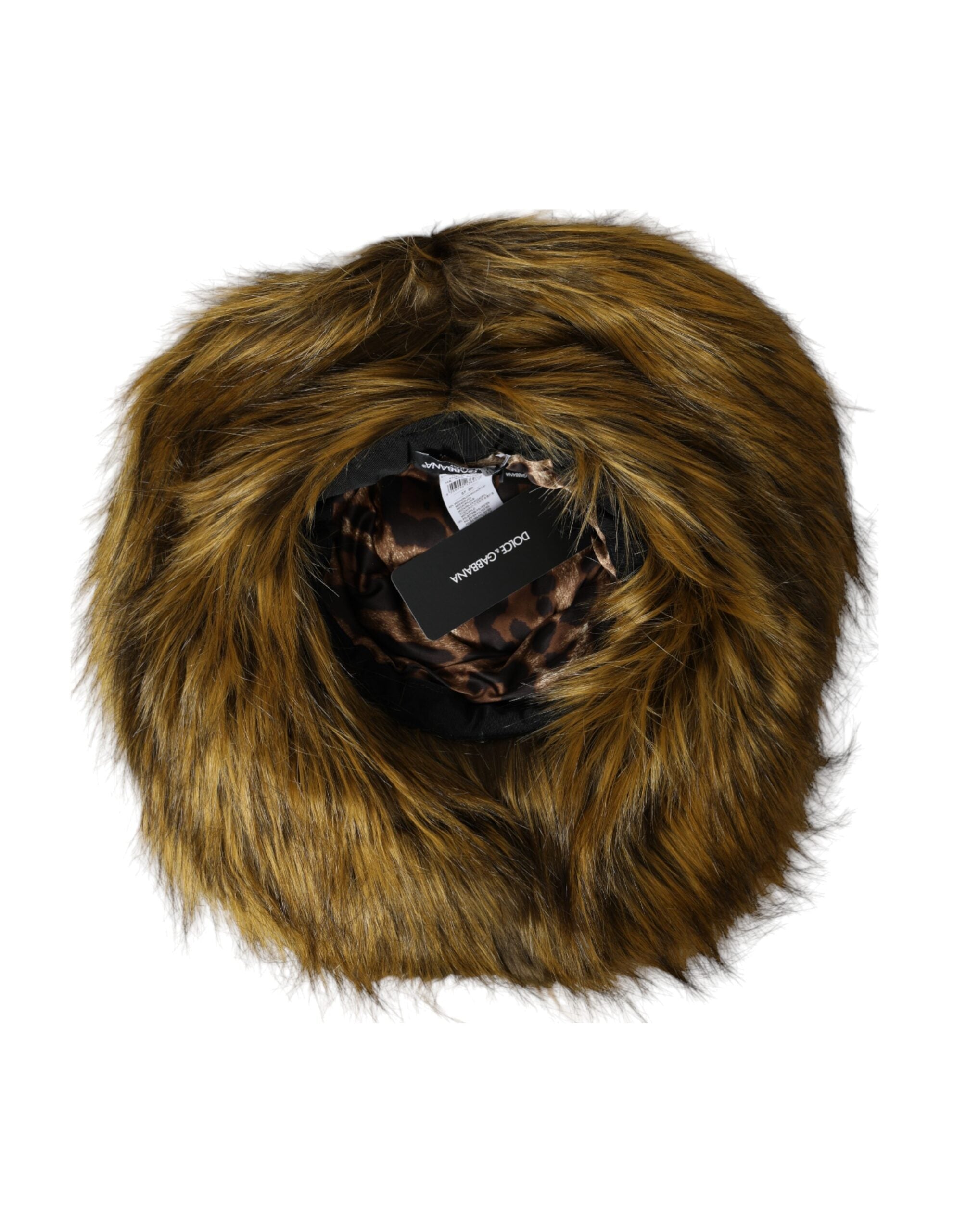 Brown Dolce & Gabbana faux fur bucket hat made of modacrylic with a soft, plush texture and wide brim for a stylish winter look.